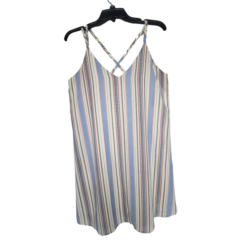 ✨Size M Women's Xhilaration BOHO Striped  Cris Cros Strap Mini Dress White Blue✨ - Picture 2 of 8